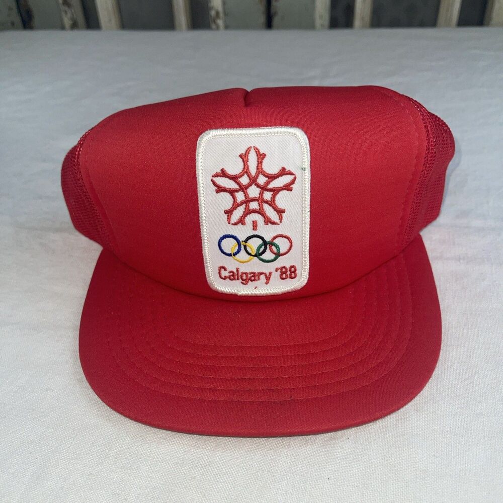 Vintage Calgary Olympics 1988 Snapback Mesh Cap Hat Trucker Red Canada
